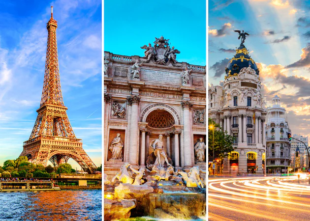 París, Francia + Roma, Italia + Madrid, España